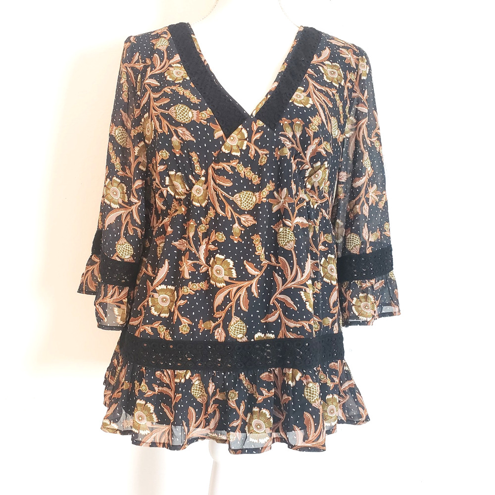 NEW!! Les Serein Women Size S BOHO Floral Peasant 3/4 Sleeve Blouse Top Navy
